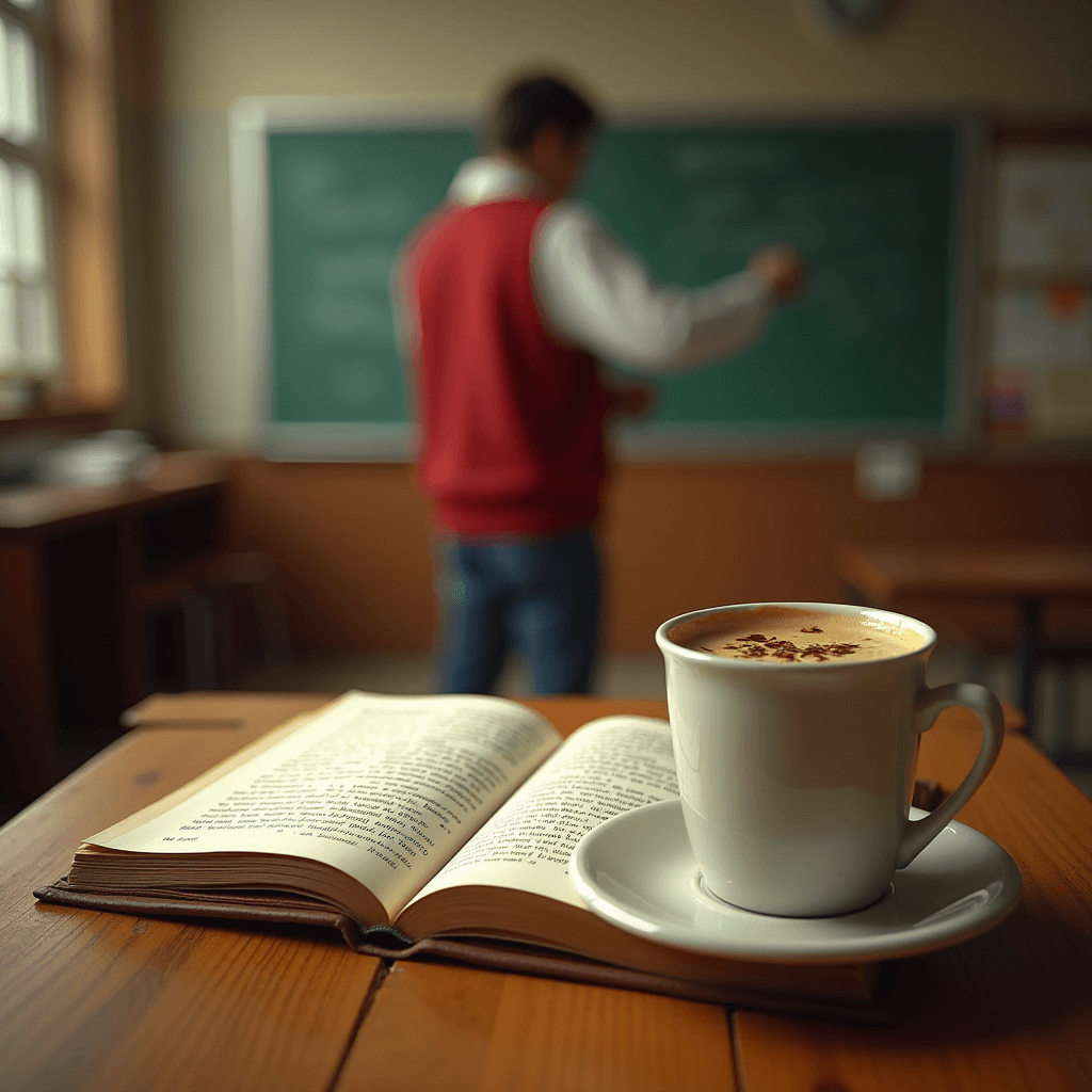 A focused view of a coffee cup and open book on a desk, with a teacher writing on a chalkboard in the background.