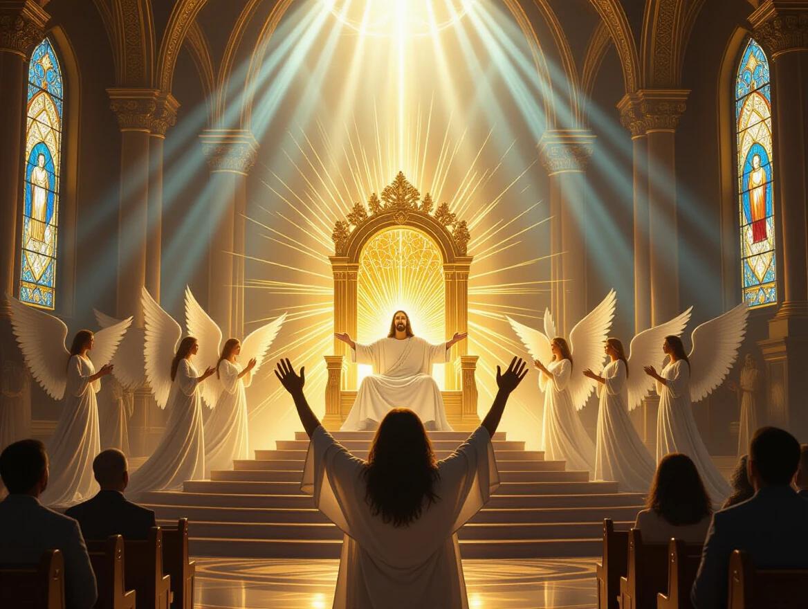 Serene and powerful worship scene in a heavenly temple. Person with uplifted hands, eyes closed, in devotion before a glowing throne. Throne emits bright light symbolizing majesty of Jesus. Soft rays of light through stained-glass windows creating a reverent atmosphere. Ultra-detailed lighting with warm tones and calming blues.