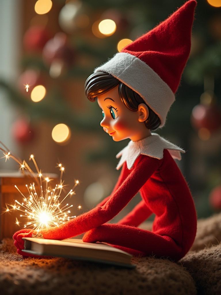 An elf of the shelf writes a goodbye message for Delilah, surrounded by a cozy holiday setting with festive decorations. The elf is holding a sparkler beside a book.