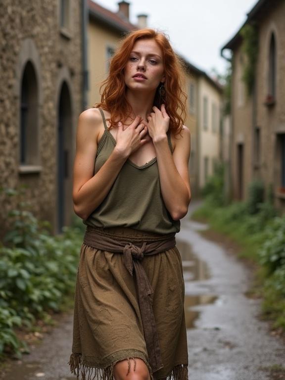 Young woman with ginger hair is walking down an empty uphill street in Eastern Europe. She wears a dirty worn thick yuta miniskirt and tank top. Her brown eyes and tanned skin create a natural look. The surroundings are calm with dirt road and puddles. She holds her neckline nervously and appears happy yet shy. Street has buildings from the 19th century.