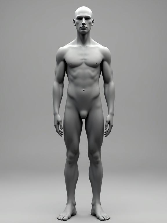 Basic male character in A-Pose. Front view. Full body appearance with head hands feet and toes. Untextured gray mesh without clothing.