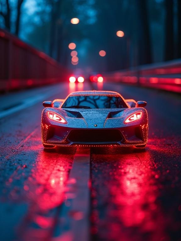 Close-up shot of a modern radio-controlled car with vibrant LED lights. The setting is a damp road with reflections from the lights. The image captures a low angle view emphasizing the car's design and lighting.
