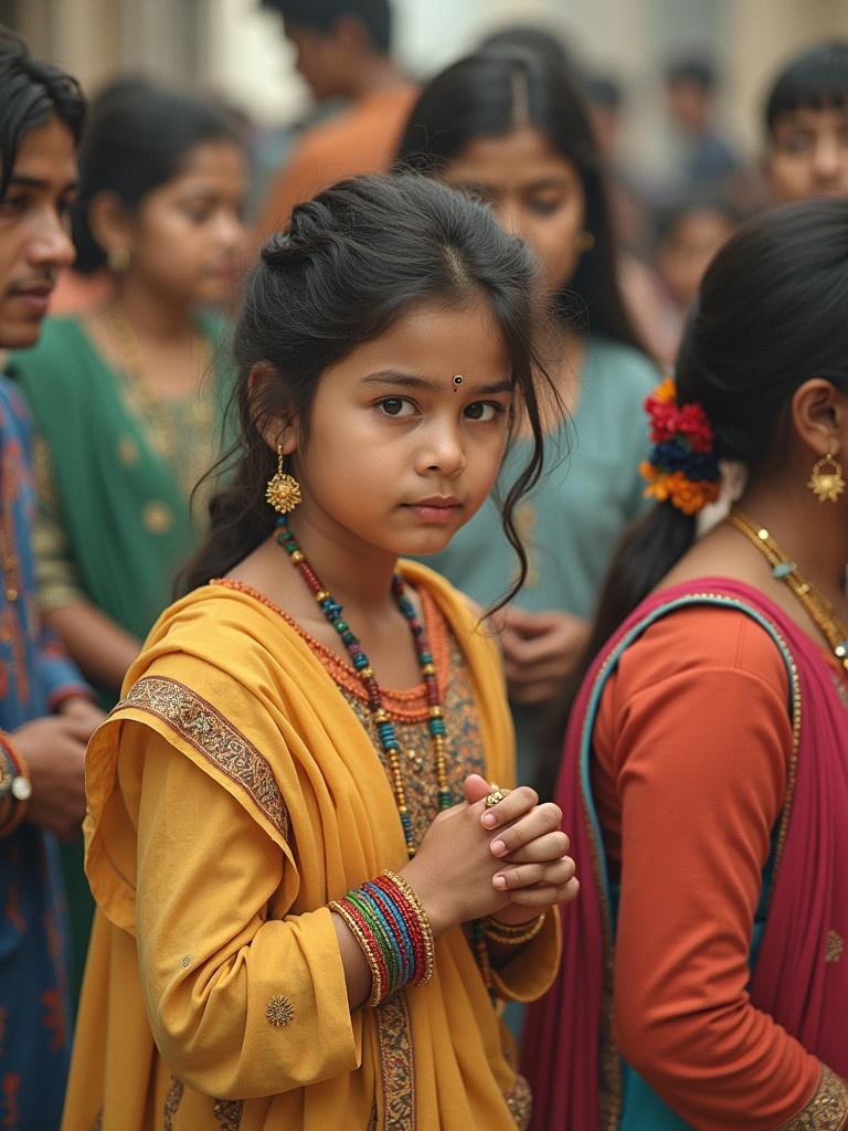 Group of people wearing traditional Indian attire. Woman in yellow dress with jewelry. Vibrant cultural setting. Decorative elements in clothing.