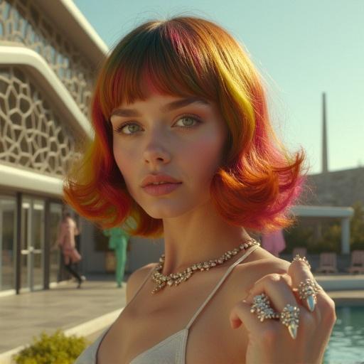 Close-up portrait of a cute woman. She has colorful bangs. She has artfully painted nails. The background features a futuristic art gallery. The building has a curved facade with metal designs. Sculptures in the background show kinetic energy. She wears delicate jewelry that shines. The style embodies 1950s elegance with futuristic elements. The photograph shows grainy texture and sepia tones.