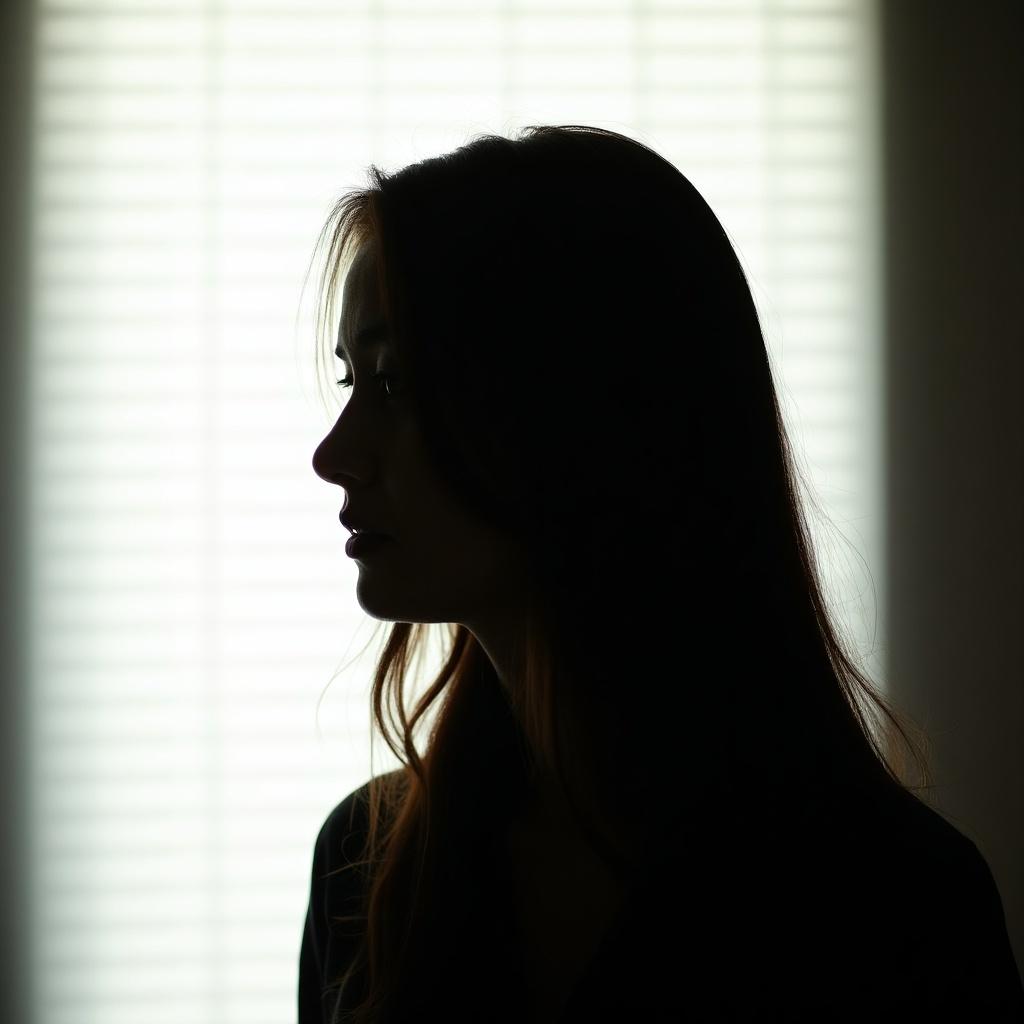 Silhouette of a woman with long hair against a bright background. Light creates contrast highlighting contour of face. Strong beams penetrate darkness creating atmosphere of mystery.