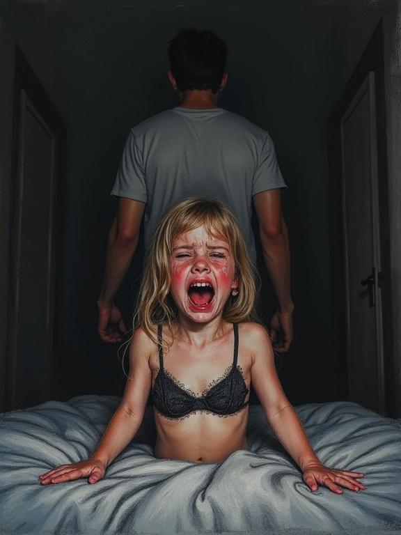 Realistic crayon drawing of a scared Estonian girl crying in a bra. Dark bedroom setting. Girl has hands on sides. Behind her, dad stands with his back turned to the camera.