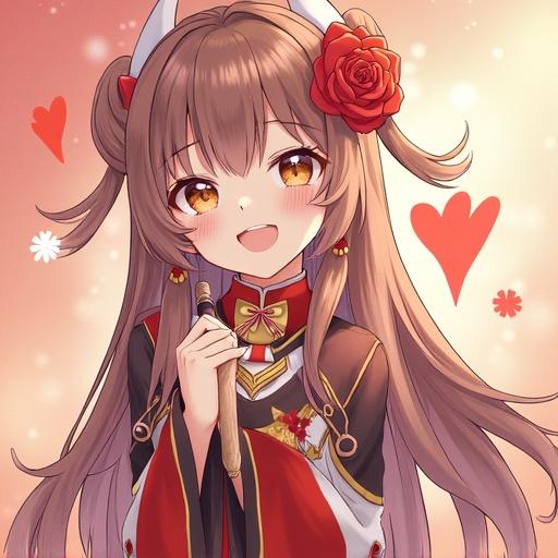 A cute anime-style female character with long hair and a flower in her hair, holding a flute and smiling. Background with hearts and flowers, creating a cheerful atmosphere.
