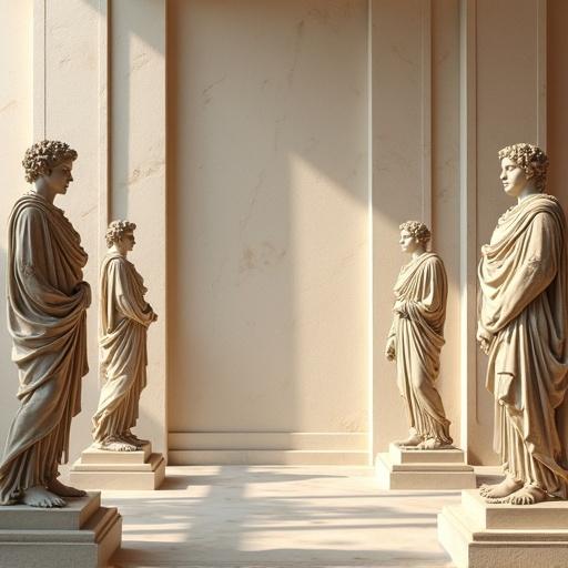 Wide-angle high-resolution scene with classical Greek sculptures. Minimalistic setting with soft marble background. Sculptures are expressive with detailed textures and realistic shadows. Warm natural lighting from one side enhances depth. Mood is ancient and philosophical. Suitable for educational videos.