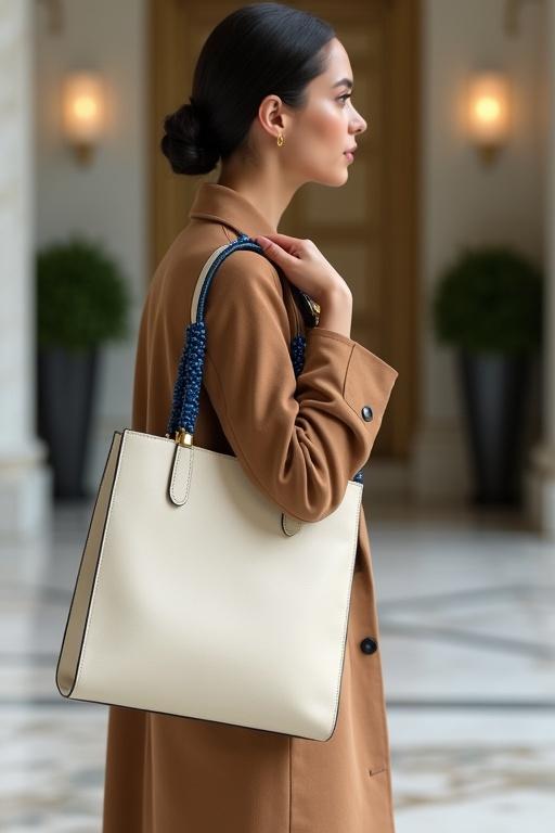 Photorealistic image of a female model holding a structured leather handbag. The handbag has sapphire bead handle. The model has olive skin with sleek low bun and is wearing a camel trench coat. The pose is elegant with arm bent at 90 degrees. The background shows a blurred marble lobby with greenery.