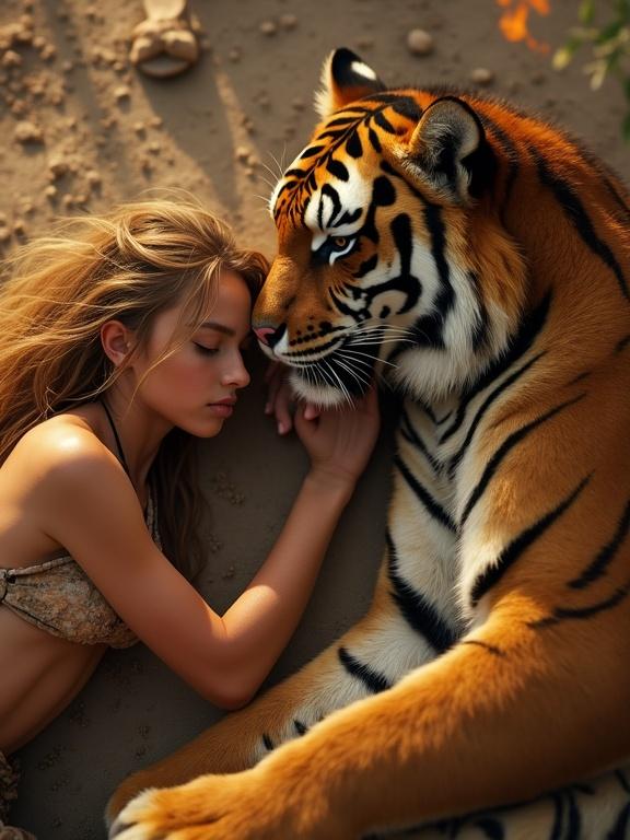 Postapocalyptic scene depicting a young woman resting beside a friendly tiger. The woman petting the tiger's head while the tiger licks her skin wound. The model has long messy hair and is wearing a tattered loincloth. The setting is dusty with smoke and flames around, showcasing a calm moment despite the chaos.
