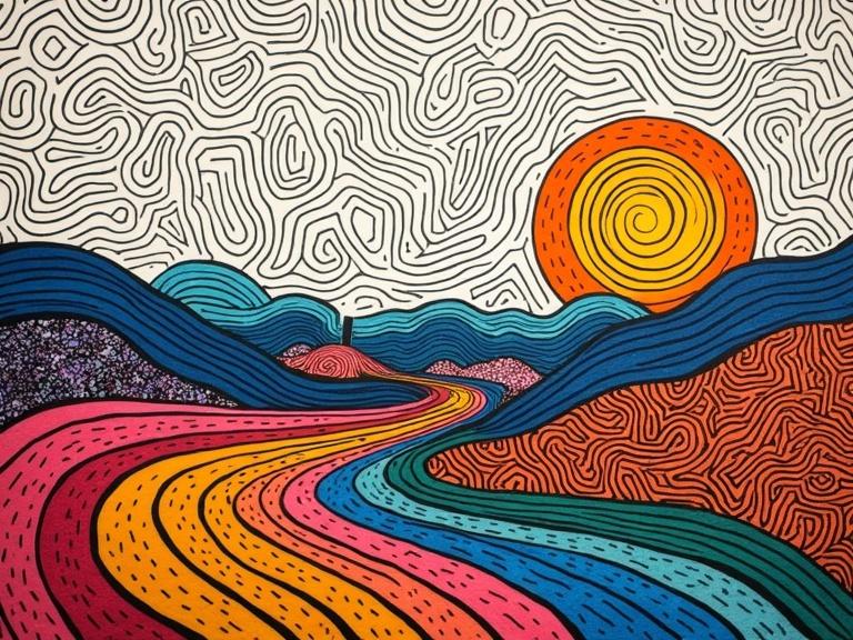 Colorful surreal landscape features playful patterns. Rolling curves create a vibrant pathway across the image. A bright sun shines in the top corner, with an intriguing black and white fingerprint patterned sky. Abstract hills display a mix of colors and textures.
