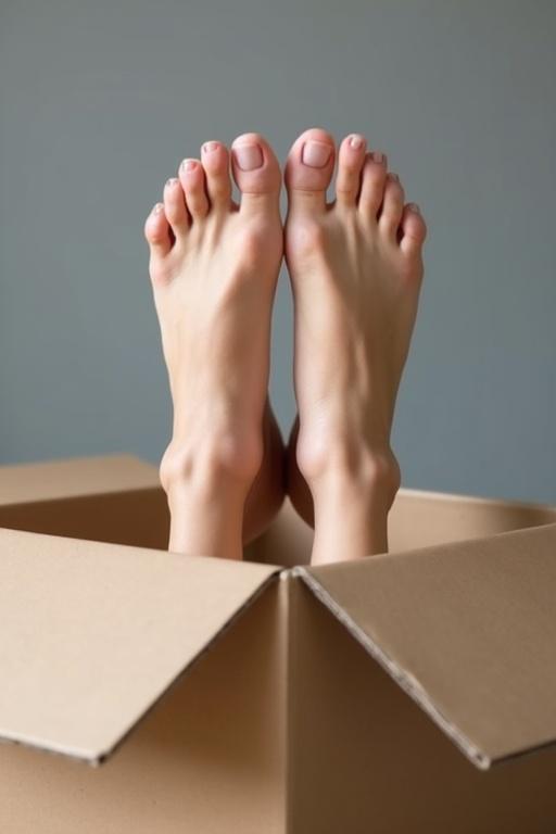 A woman's feet rest outside a cardboard box. The soles are clearly visible. The background is neutral gray. The feet appear relaxed. Natural light brightens the scene.