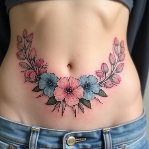 Tattoo featuring a design of two curved lines made of small flowers. These lines extend from the hips to the lower abdomen. The flowers are illustrated in pink, blue, and white colors with green foliage. Includes clitoria ternatea flower at the end.