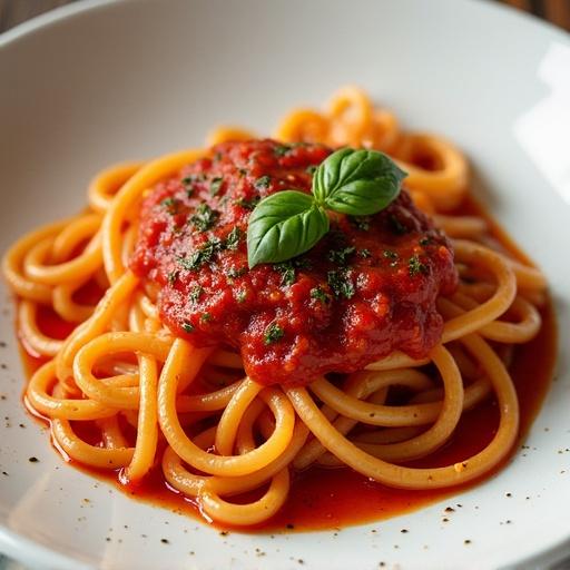 A plate of spaghetti topped with marinara sauce and a sprig of basil. Pasta sits in a white bowl with a rich red sauce.