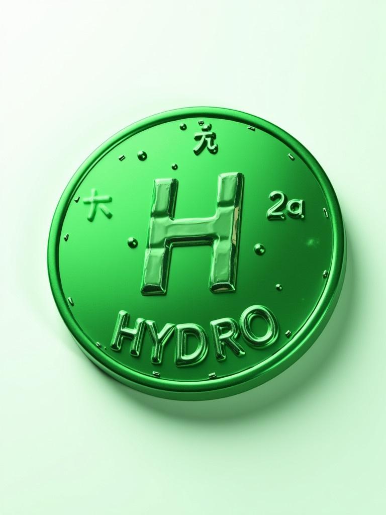 A vibrant green coin symbolizing green hydrogen with the word 'HYDRO' prominently displayed. The coin rendered in high-quality 3D, cinematic feel, on a white background with a soft shadow effect.