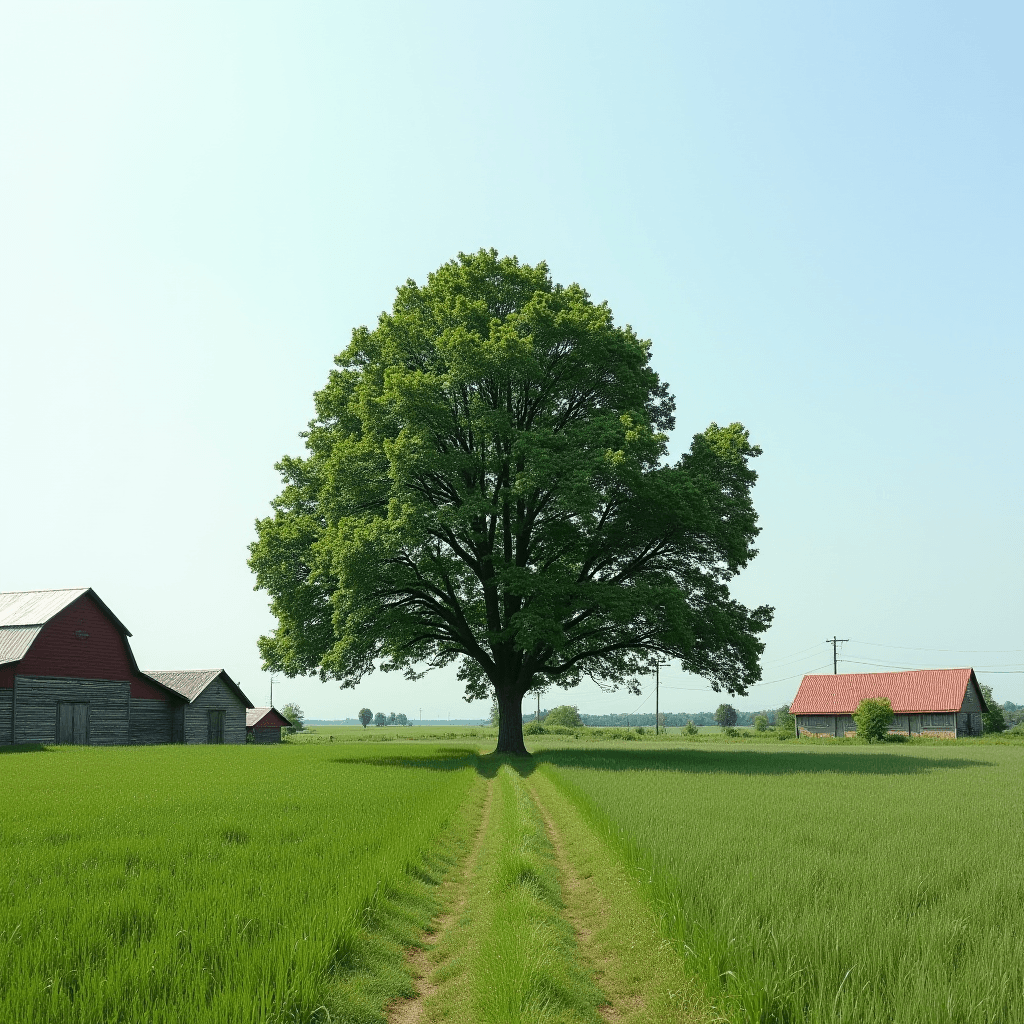 A lush green tree stands prominently in the middle of a grassy field, with barns in the background under a clear blue sky.