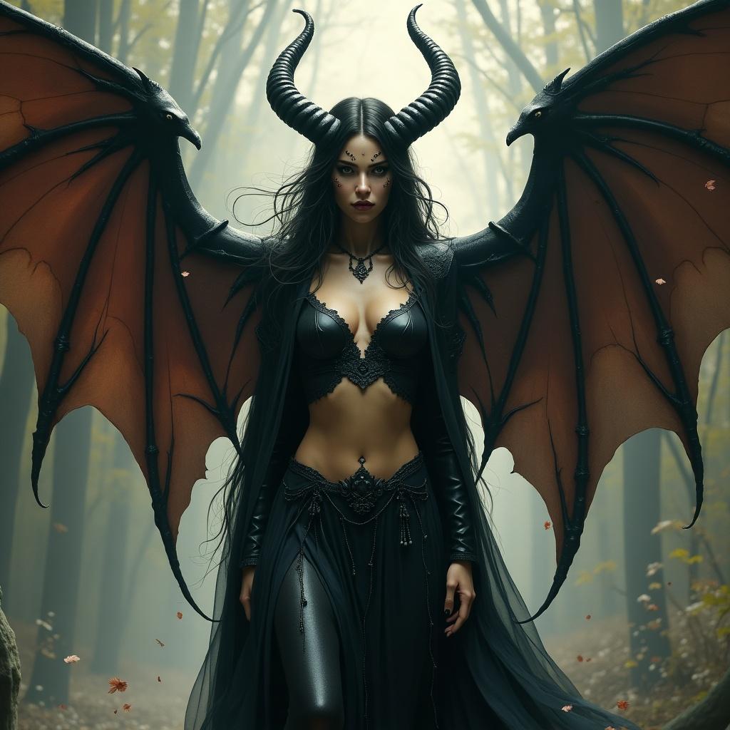 A female humanoid with features of a succubus and nymph. Wings and horns showcase her dual heritage. She stands in a mystical forest, embodying power and allure.