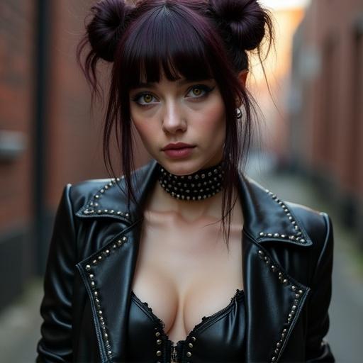 Photorealistic portrait of a young woman with dark hair styled in loose buns and red/purple bangs. She has light-golden hazel eyes and pale skin. Wears a studded black leather jacket and corset showing cleavage, with a choker. The fashion style is dark, edgy, goth-punk. She is in an outdoor setting, narrow alleyway with brick buildings. Muted color palette, warm-toned golden hour light, slight motion blur. Sharp focus on face and upper body. Detailed hair, makeup, clothing; high-key and shallow depth of field.