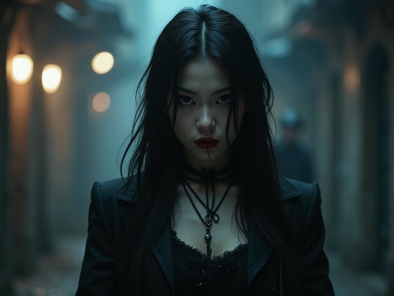 Asian female vampire inspired by Underworld film. Urban fantasy setting is evident. Gothic atmosphere enhances the scene. Woman dressed in gothic outfit stands in an urban alley. Dark and moody lighting creates a haunting effect.