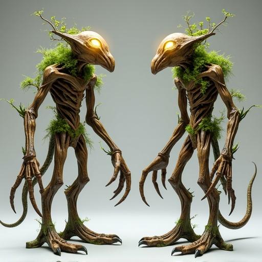 Humanoid creature made of wood. Standing upright. Lean agile frame. Body covered with green foliage. One arm sharp claw. Other arm long vine. Glowing yellow eyes. Smooth wooden head. Dynamic pose with one arm raised.