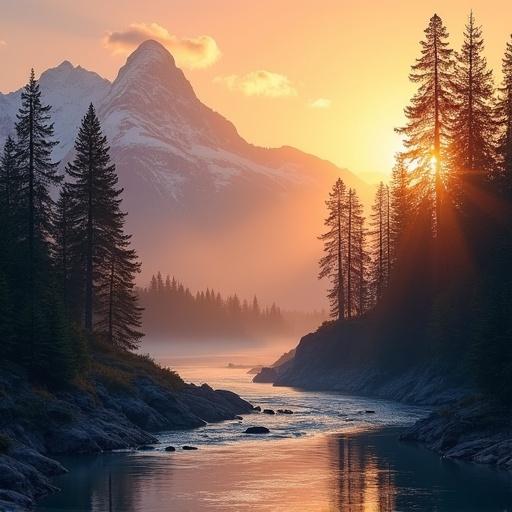 Vertical mobile wallpaper featuring a serene mountain landscape at sunrise. Golden sun casts warm light over the scene illuminating mist rolling over towering pine trees. Mountain peaks adorned with light dusting of snow add coolness to overall warm atmosphere. Below, mountain river gently flows reflecting beauty of sky in pristine waters. Captures essence of tranquility and awe-inspiring natural beauty.