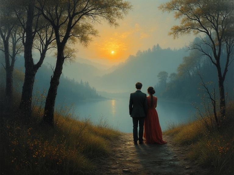 Deep and rich traditional oil painting showing a couple standing by a calm lake at sunset. The scene is enveloped in mist with fairy lights creating a magical atmosphere. The couple is silhouetted against the beautiful scenery. Their expressions suggest a mix of love and longing.