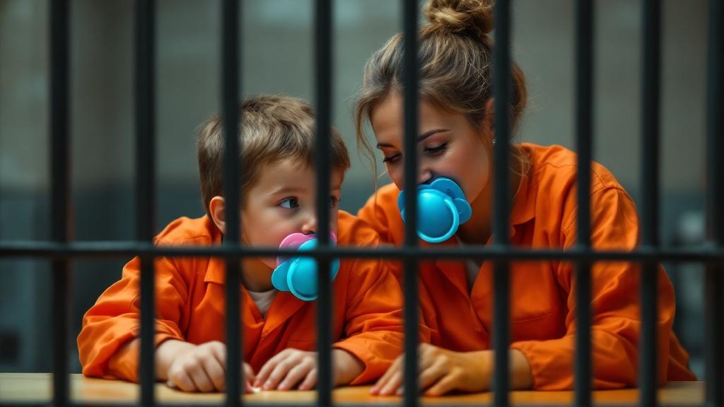 Mother and son in a jail cell. Both wear orange jumpsuits. Son has a blue pacifier. Mother has a pink pacifier. They are happy while discussing prison rules. Son shows mother a drawing of them together behind bars.
