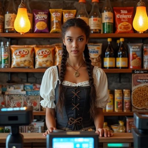Beautiful medieval female shopkeeper stands behind modern electronic checkout counter. She faces the viewer and wears a corset dress and apron. Her long braided hair adds to her natural expression. The setting is a highly detailed medieval-style convenience store with stone walls and wooden shelves filled with modern products. Glowing magical lanterns and enchanted signs in ancient runes enhance the fantasy-meets-modern aesthetic.