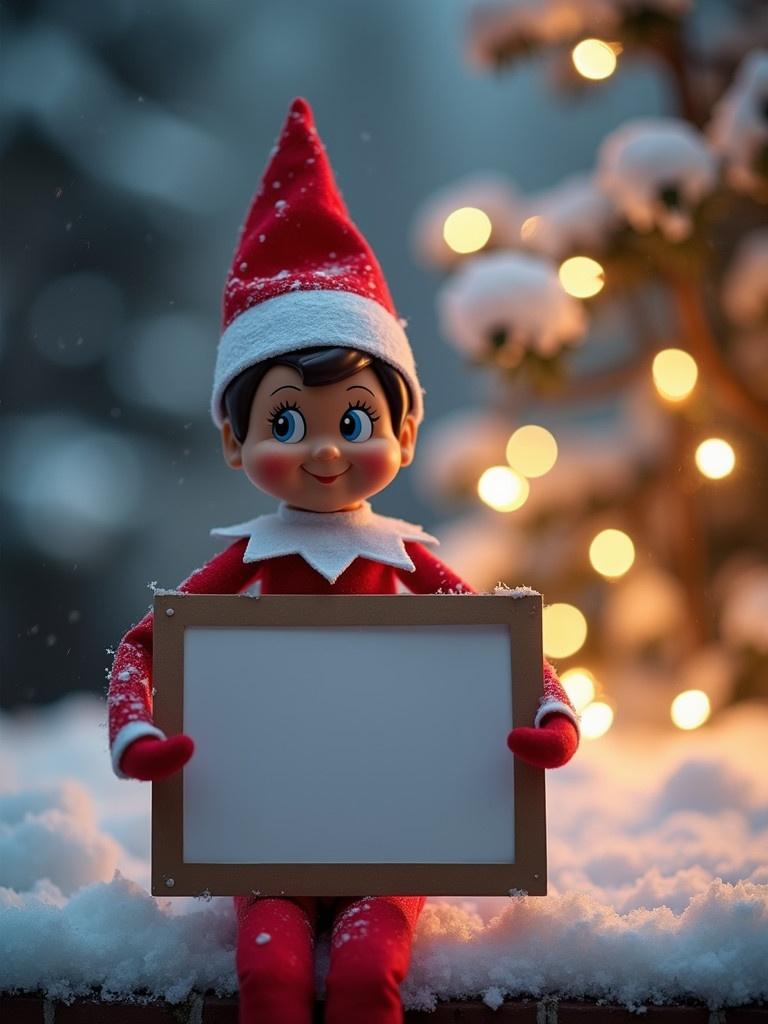 Elf on the shelf holds a blank sign. The elf is dressed in festive red and white. Snow covers the ground. Soft glowing Christmas lights are in the background. A festive and magical atmosphere is created.