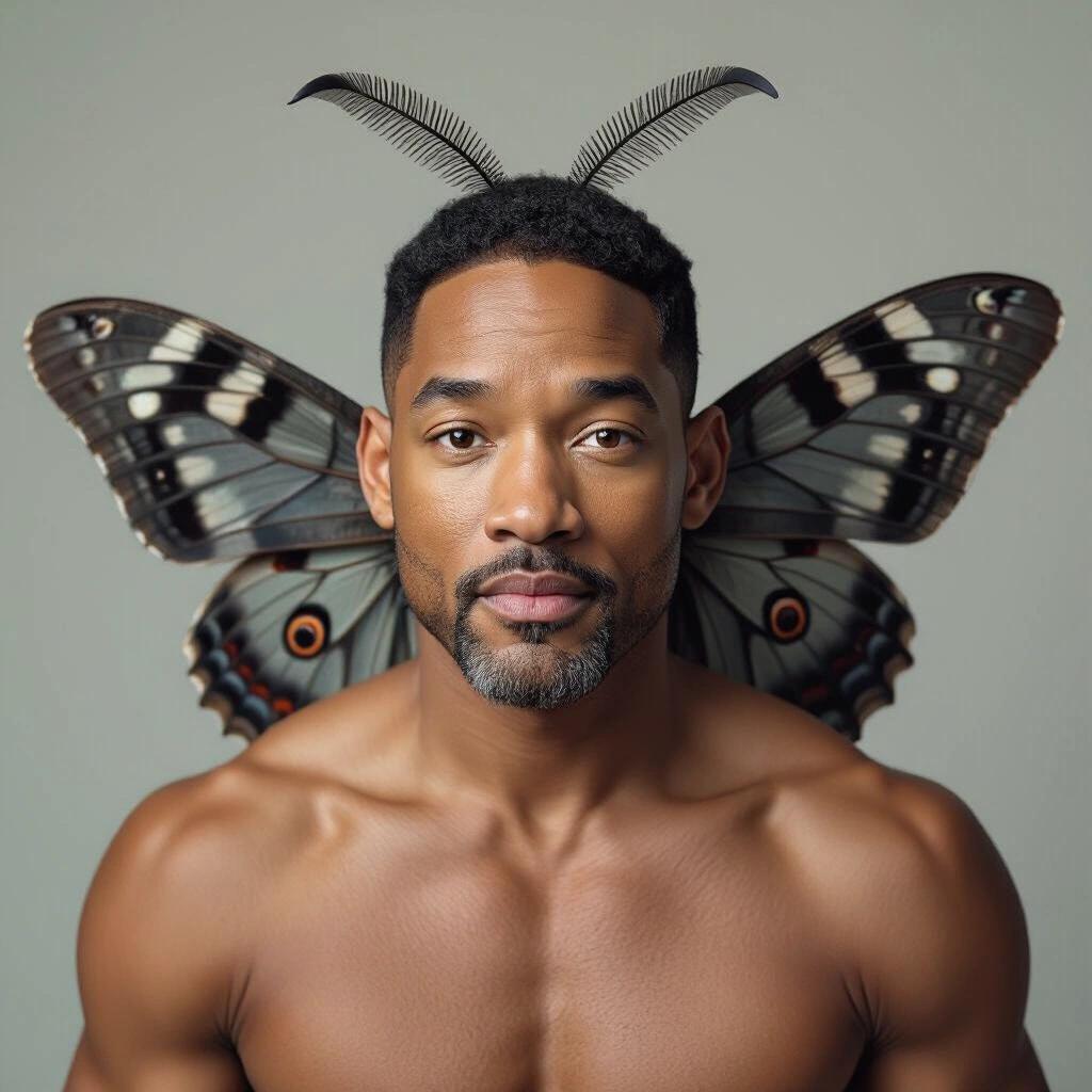 Muscular man with butterfly wings on back. The wings are large and detailed. Body is shown from the waist up. The atmosphere is surreal. The imagery blends human features with butterfly elements.