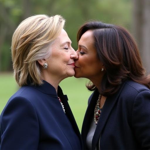 Hillary Clinton and Kamala Harris share a kiss in a public park surrounded by greenery.