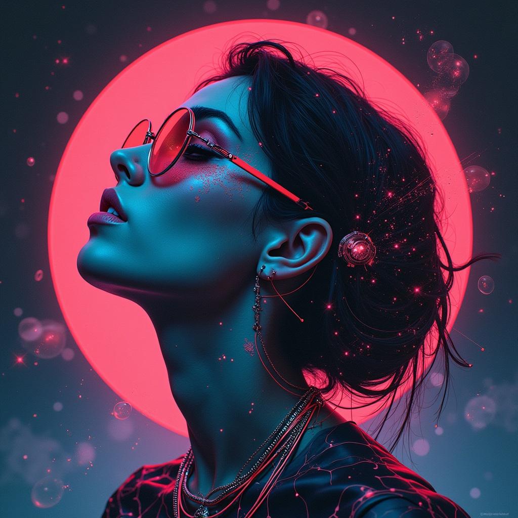 Futuristic art featuring a woman with sunglasses on a music album cover with text Breathing Low and DJ Hypertronixx.