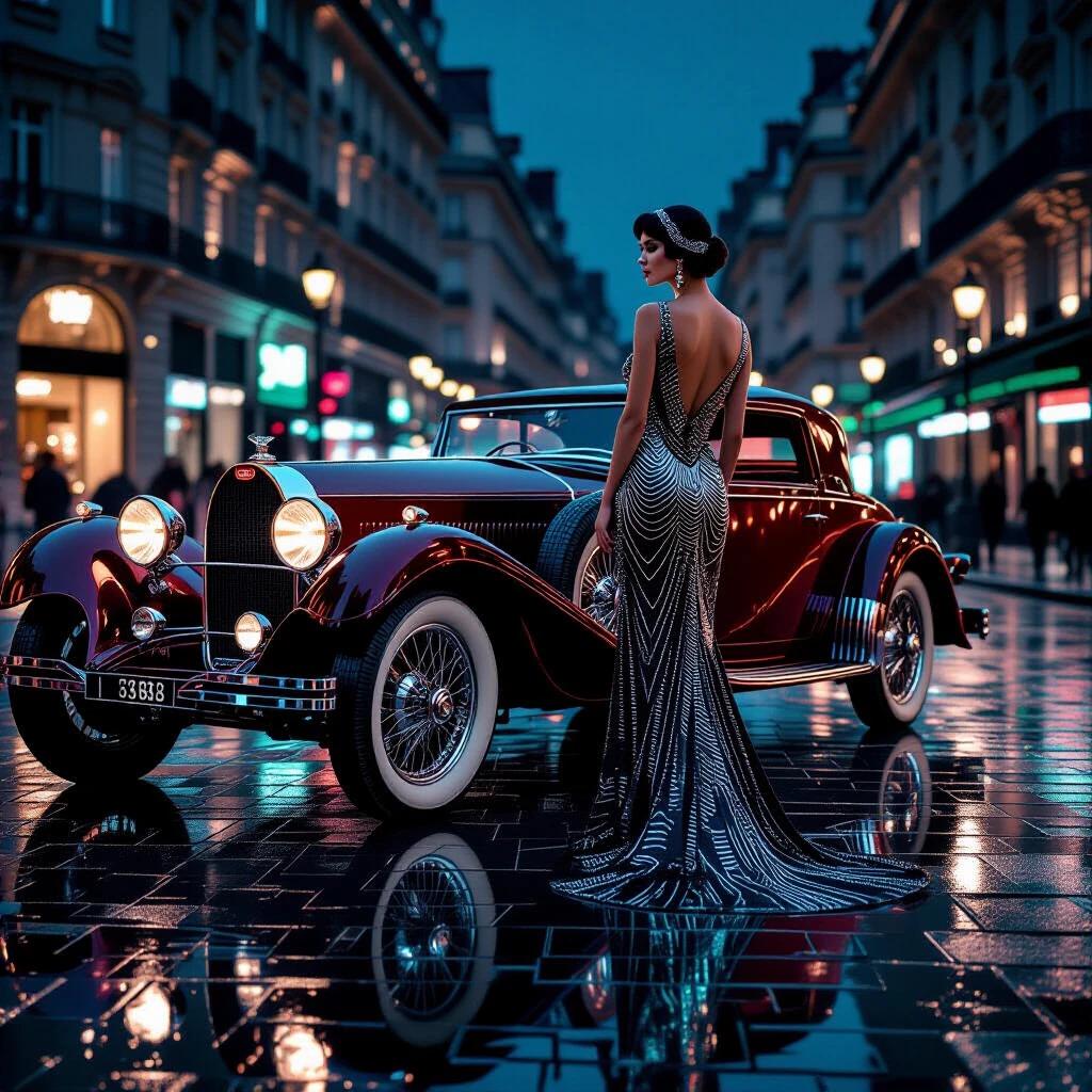 A sophisticated woman in a beaded Art Deco gown stands beside a glossy burgundy 1924 Bugatti Type 35 on a Parisian boulevard at midnight. The wet cobblestones reflect neon lights creating an elegant scene. Vintage streetlamps illuminate a misty ambiance.
