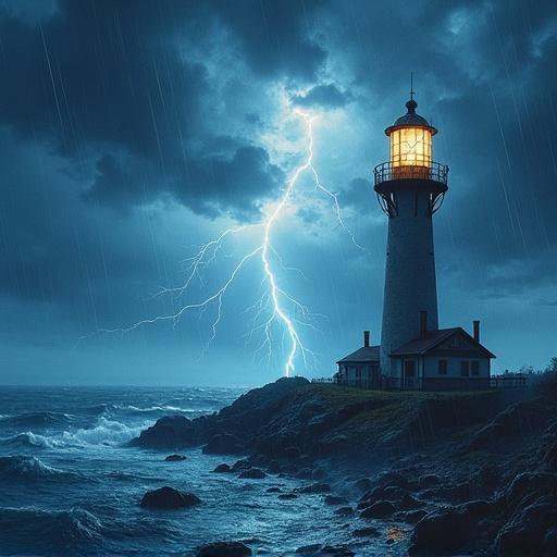 Lighthouse emits intense white beams during a violent midnight storm. Lightning strikes in the distance. Rain streaks across the glass dome. Half-lit viewer by the rotating glow. Churning sea below. Watercolor art style. Moody blues and silvers. Epic immersive view.