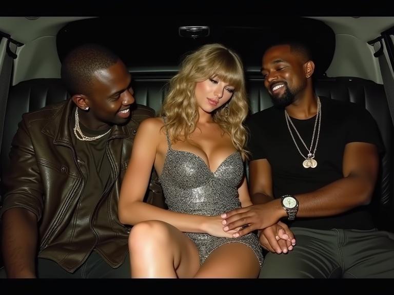 Taylor Swift and Kanye West in a limousine after an awards show. Taylor has long blonde curls styled like the Speak Now Era. She wears a sparkly silver dress and brown cowboy boots. Kanye wears a black leather vest and sits next to Taylor. Taylor appears to be unconscious. The two rappers smile at her. Full body shot inside the limousine.