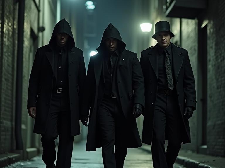 Three characters in dark outfits walk through an urban alley at night. One character looks menacing. The setting has a gritty atmosphere.