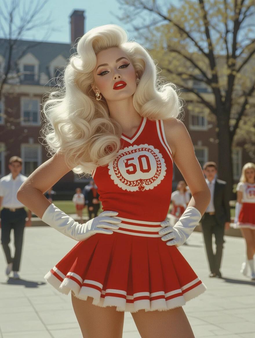 Stunning portrait of a woman with voluminous platinum blonde hair. She wears a cheerleader costume and stands confidently in a college quad. She has flawless makeup including winged eyeliner and ruby red lips. Accessories include white gloves and high heels. The scene captures several people walking around, creating a vibrant atmosphere.