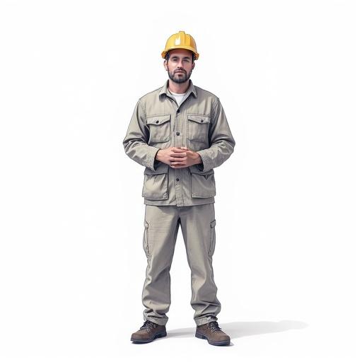 Draw a full body image of an engineer standing straight with a neutral expression. The background is completely white. The engineer is dressed in light grey work attire with a safety helmet.