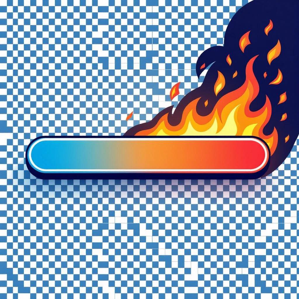 Flat vector illustration of a horizontal heat indicator bar transitioning from blue to red. Right end features stylized flames and heat distortion. Background is plain to focus on the gradient. Ideal for vector art.