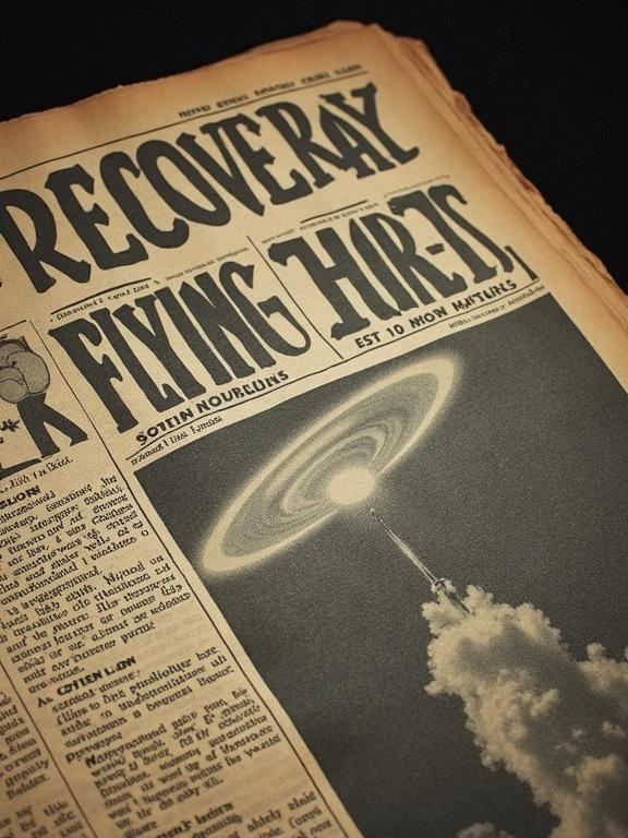Stylized image of a vintage newspaper headline from 1947. The headline reads Recovers Flying Disc or something similar. Dramatic lighting enhances the vintage feel. A stylized illustration of a flying saucer with a rocket launch is featured prominently.