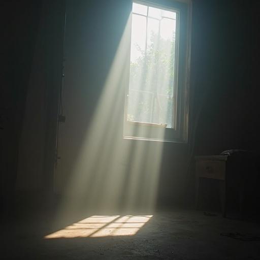 A room with light rays coming through a window. The sunlight creates a visible beam on the floor. The surrounding area is dim and filled with shadows.