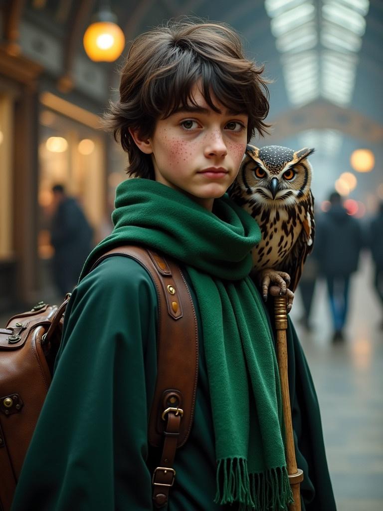 A boy stands in King's Cross Station wearing a Slytherin cloak and scarf. A scops owl perches on his shoulder. He holds a Nimbus 2000 broom and a trolley with vintage suitcases. The atmosphere is magical and whimsical.