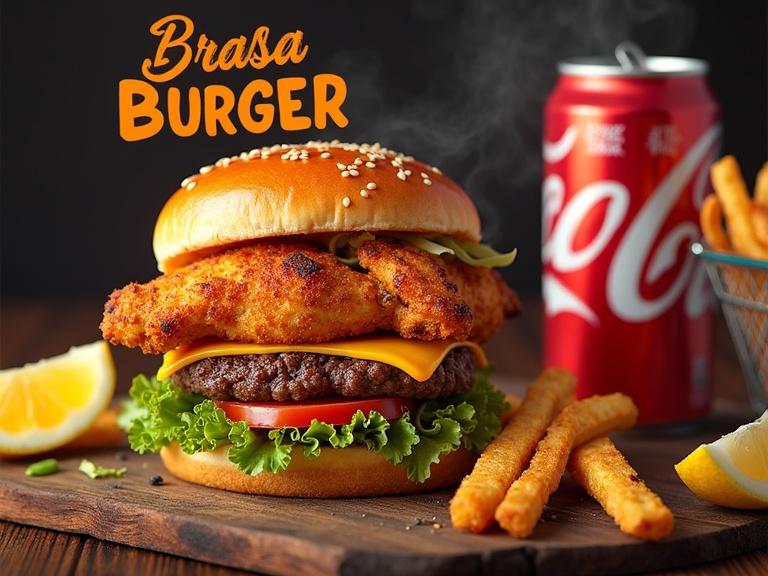Vibrant hamburger scene on a rustic table. Glossy golden-brown bun with sesame seeds. Fresh green lettuce, beef patty, melted cheddar, tomato slices, and sauce inside. Crispy fries in a metallic basket, condensation on Coca-Cola can. Text 'Brasa Burger' in bold font. Warm colors and lighting evoke a smoky, flavorful experience.