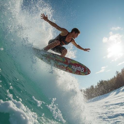 Surfer performing a backflip on a surfboard in the ocean with waves crashing around without any people on the beach