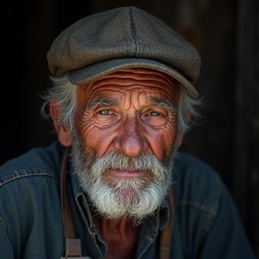 Portrait of elderly fisherman with weathered face. Dramatic lighting enhances features. Emphasizes character and experience.
