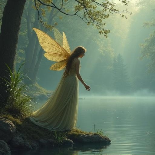 Fairy carries dead queen to the edge of a lake. Magical scene with soft lighting and nature background. Ethereal ambiance with fairy wings and gentle colors.
