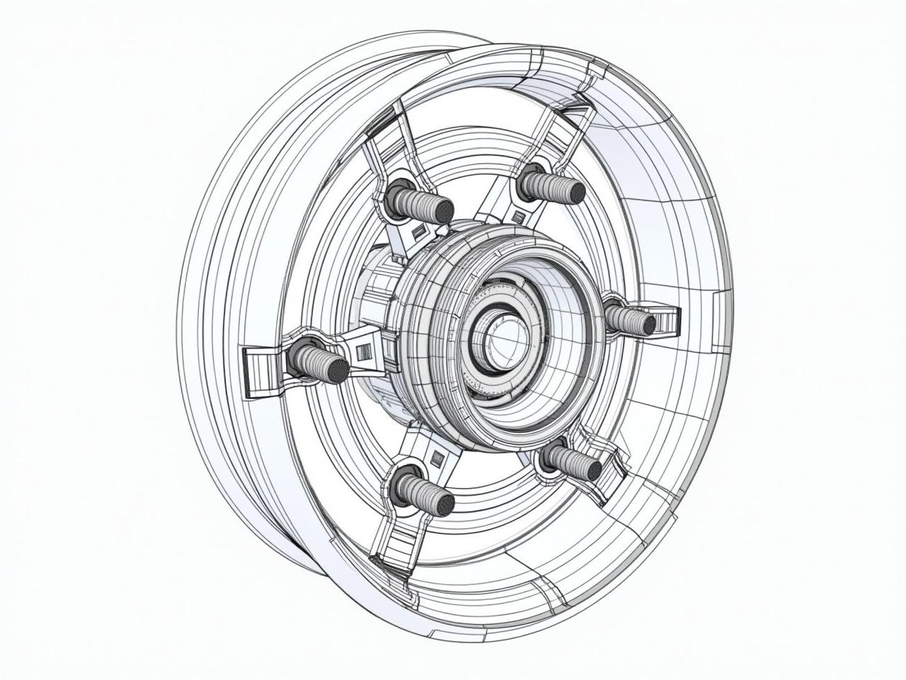 A detailed wireframe representation of a car wheel hub assembly. The frame should show the intricate designs and components like bearings, bolts, and flanges. Emphasize the geometric shapes and structural integrity of the hub. Include labels for each part to illustrate their functions. The wireframe should capture the essence of engineering precision and automotive design.