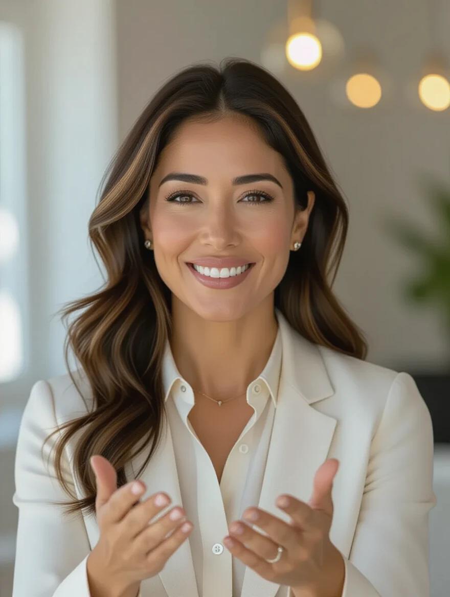 High-quality portrait of a 40-year-old Mexican woman. Half-body view with hands in speaking position. Dressed in a casual office outfit. Style is spring-inspired.