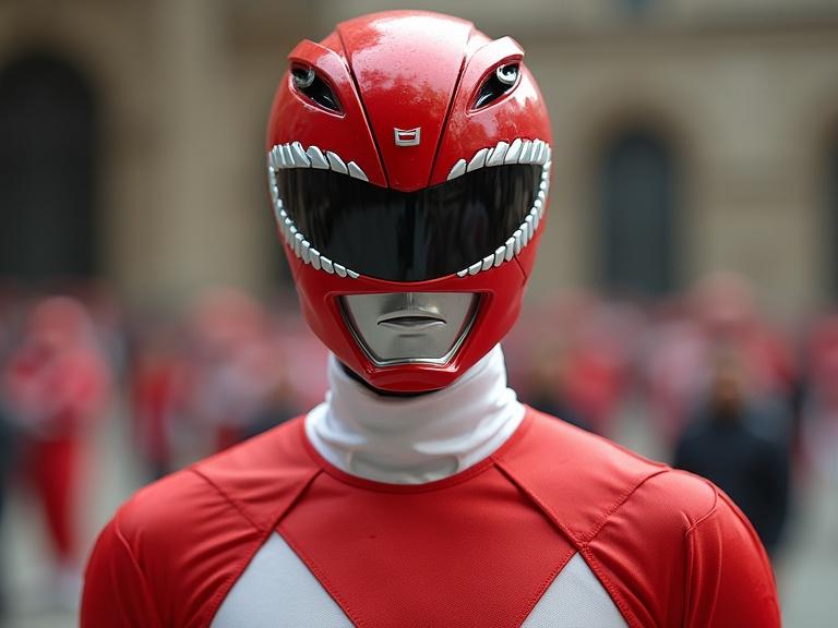 A red power ranger in a superhero costume with a shiny helmet and fitted suit standing in a crowd.