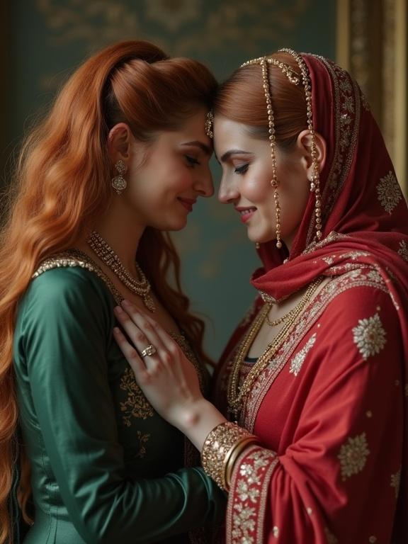 Two women in traditional attire sharing an intimate moment. One wears a green outfit while the other adorns a red outfit. Both have elaborate jewelry and hairstyles. They are close together, smiling gently and expressing affection.